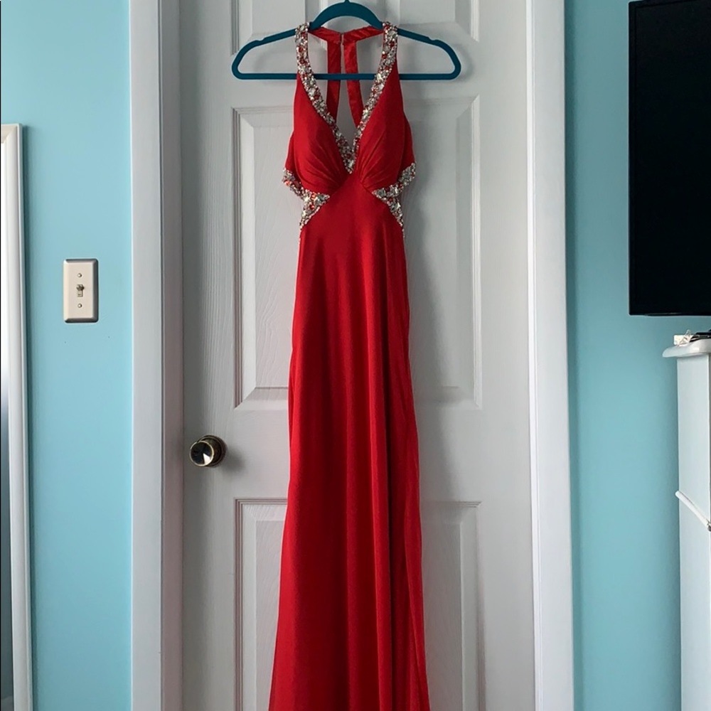 Elegant open back red prom dress